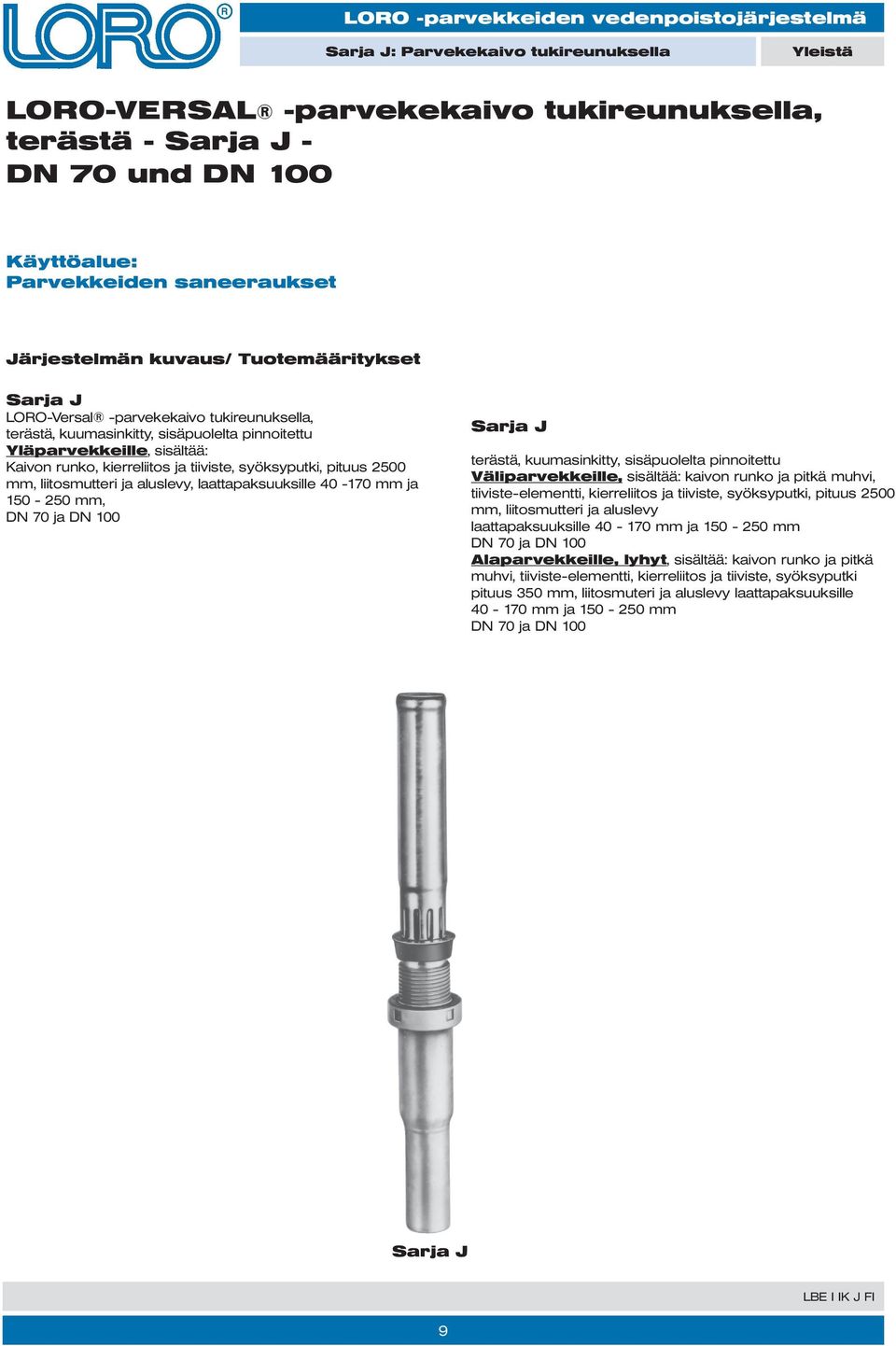 pituus 2500 mm, liitosmutteri ja aluslevy, laattapaksuuksille 40-170 mm ja 150-250 mm, DN 70 ja DN 100 Sarja J terästä, kuumasinkitty, sisäpuolelta pinnoitettu Väliparvekkeille, sisältää: kaivon