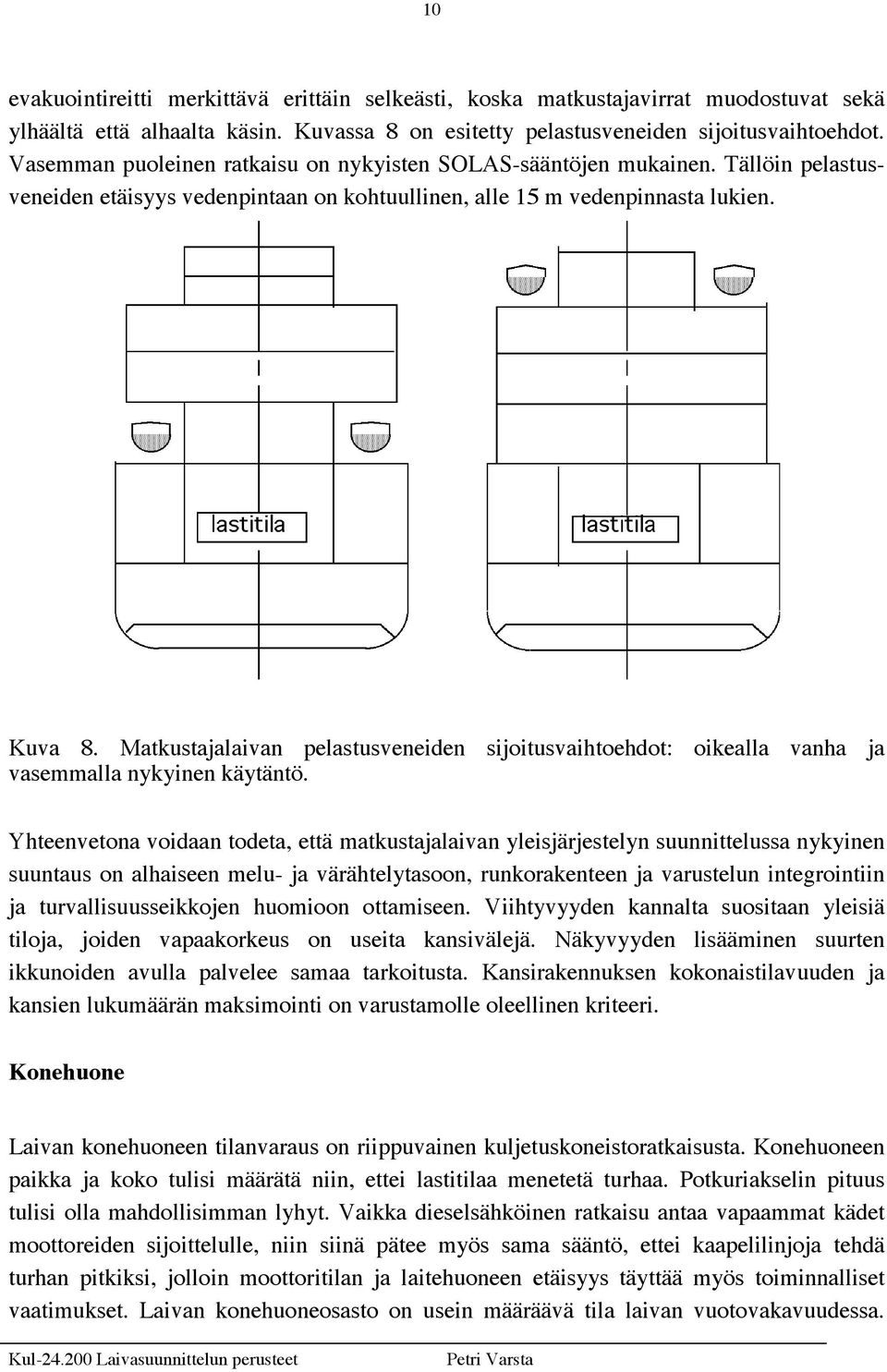 Matkustajalaivan pelastusveneiden sijoitusvaihtoehdot: oikealla vanha ja vasemmalla nykyinen käytäntö.