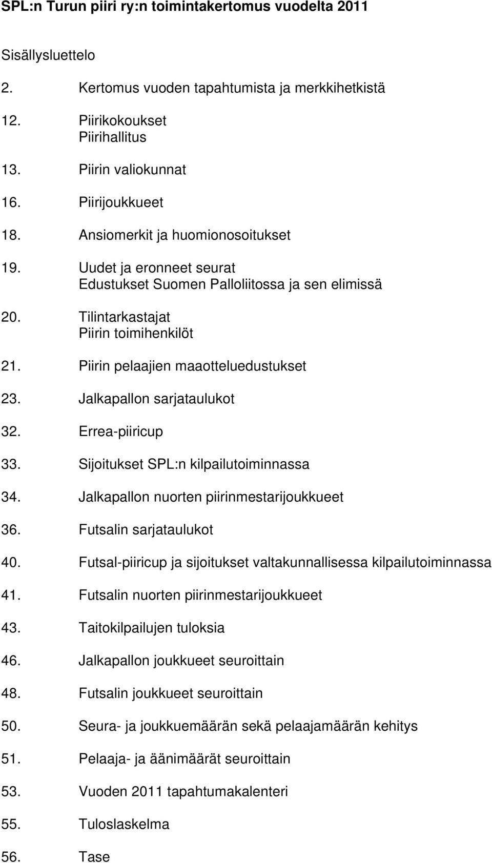 Jalkapallon sarjataulukot 32. Errea-piiricup 33. Sijoitukset SPL:n kilpailutoiminnassa 34. Jalkapallon nuorten piirinmestarijoukkueet 36. Futsalin sarjataulukot 40.