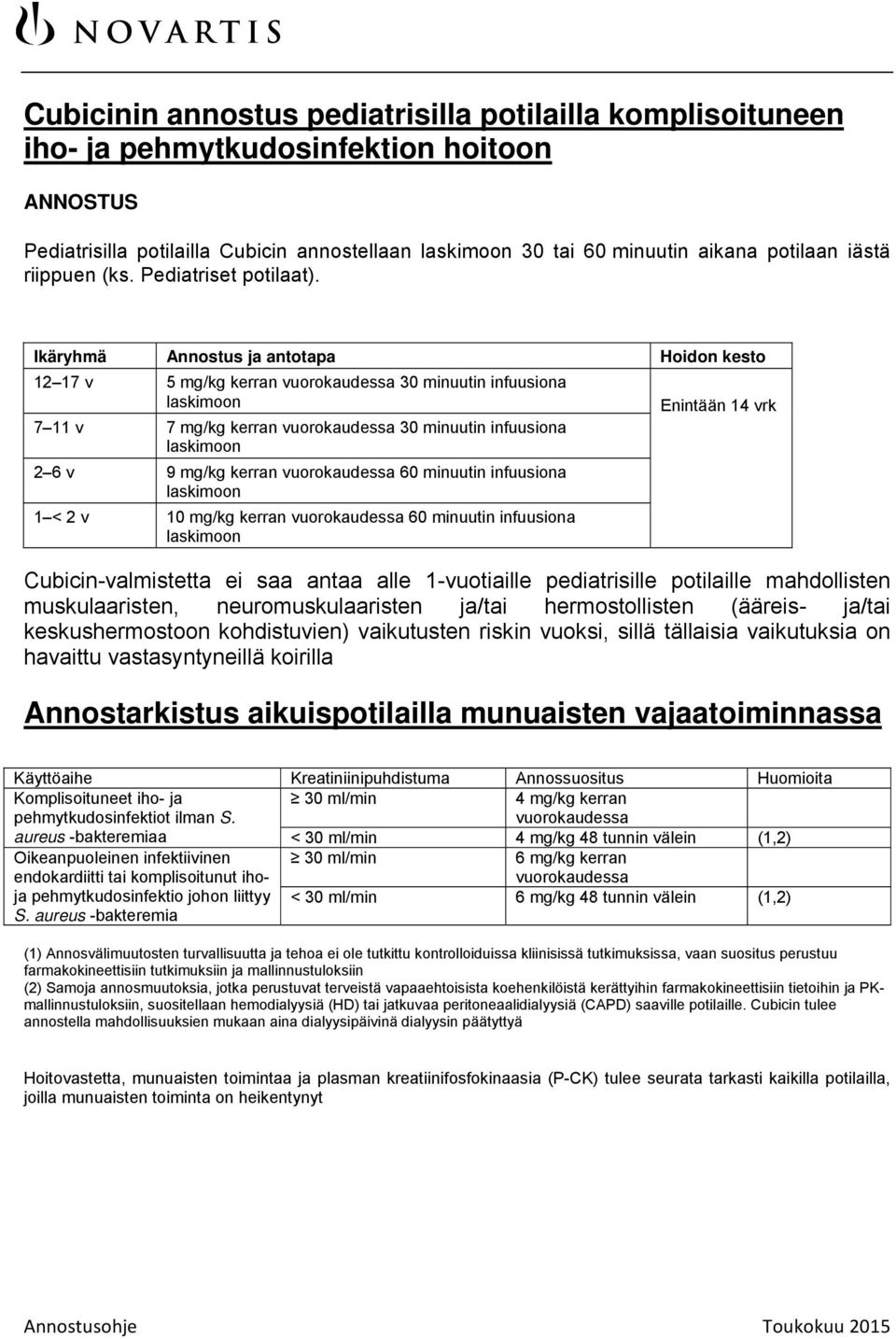 Ikäryhmä tus ja antotapa Hoidon kesto 12 17 v 5 mg/kg kerran vuorokaudessa 30 minuutin infuusiona 7 11 v 7 mg/kg kerran vuorokaudessa 30 minuutin infuusiona 2 6 v 9 mg/kg kerran vuorokaudessa 60