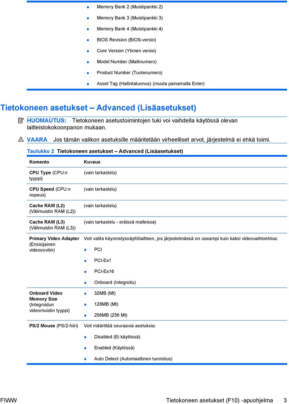 laitteistokokoonpanon mukaan. VAARA Jos tämän valikon asetuksille määritetään virheelliset arvot, järjestelmä ei ehkä toimi.