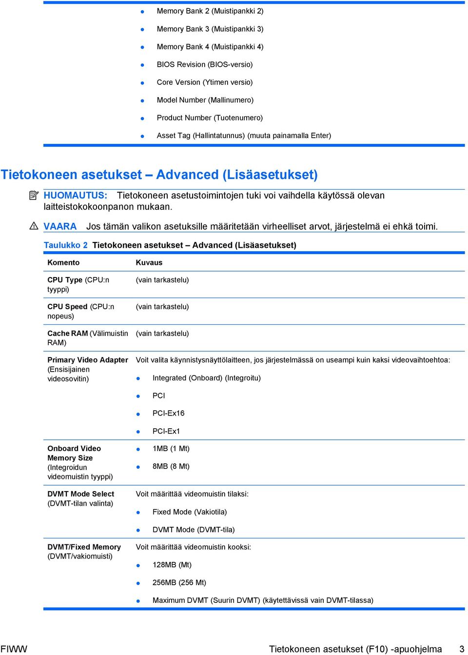 laitteistokokoonpanon mukaan. VAARA Jos tämän valikon asetuksille määritetään virheelliset arvot, järjestelmä ei ehkä toimi.