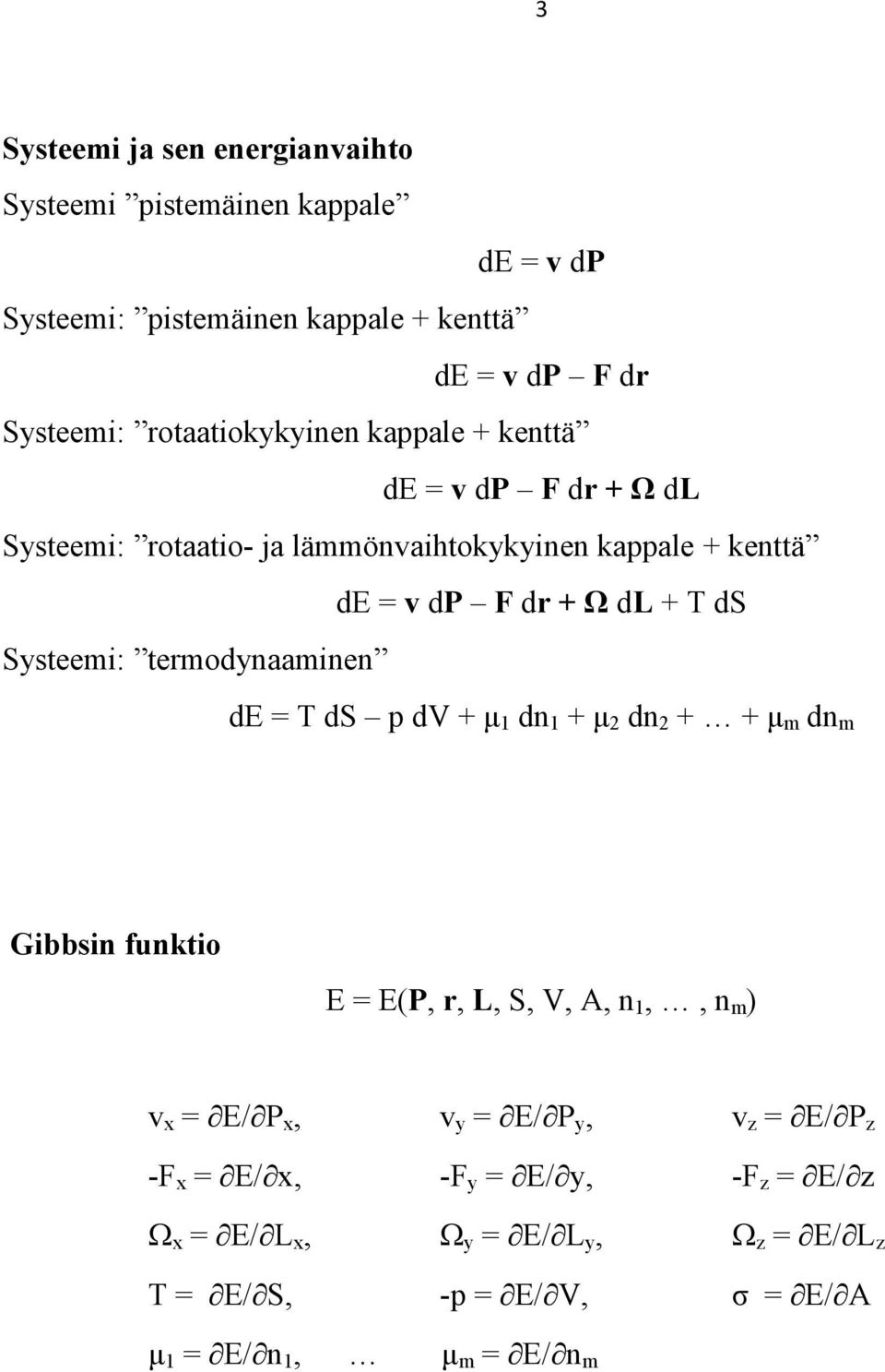 ds Systeemi: termodynaaminen de = T ds p dv + μ 1 dn 1 + μ 2 dn 2 + + μ m dn m Gibbsin funktio E = E(P, r, L, S, V, A, n 1,, n m ) v x = E/ P x,