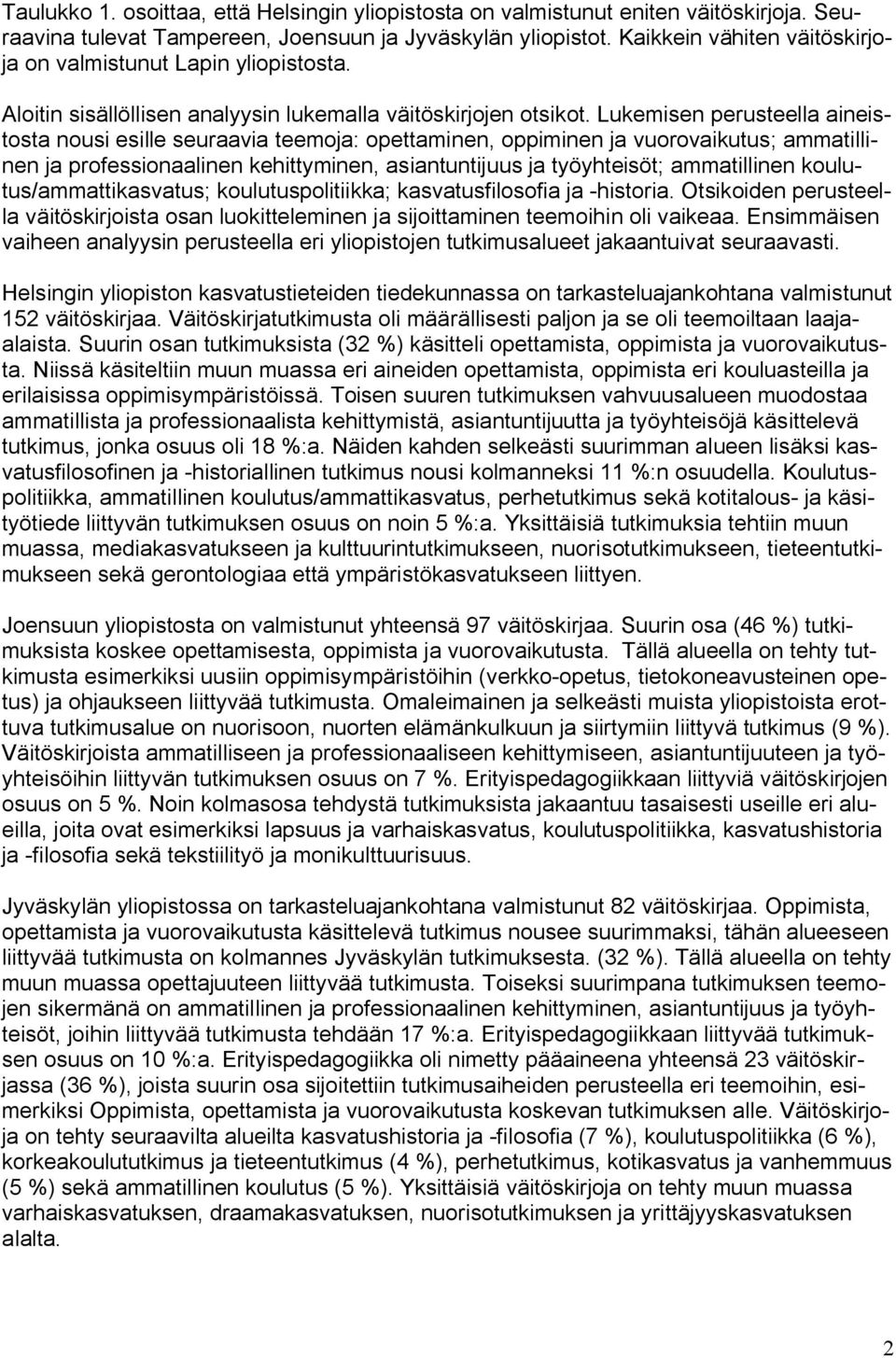 Lukemisen perusteella aineistosta nousi esille seuraavia teemoja: opettaminen, oppiminen ja vuorovaikutus; ammatillinen ja professionaalinen kehittyminen, asiantuntijuus ja työyhteisöt; ammatillinen