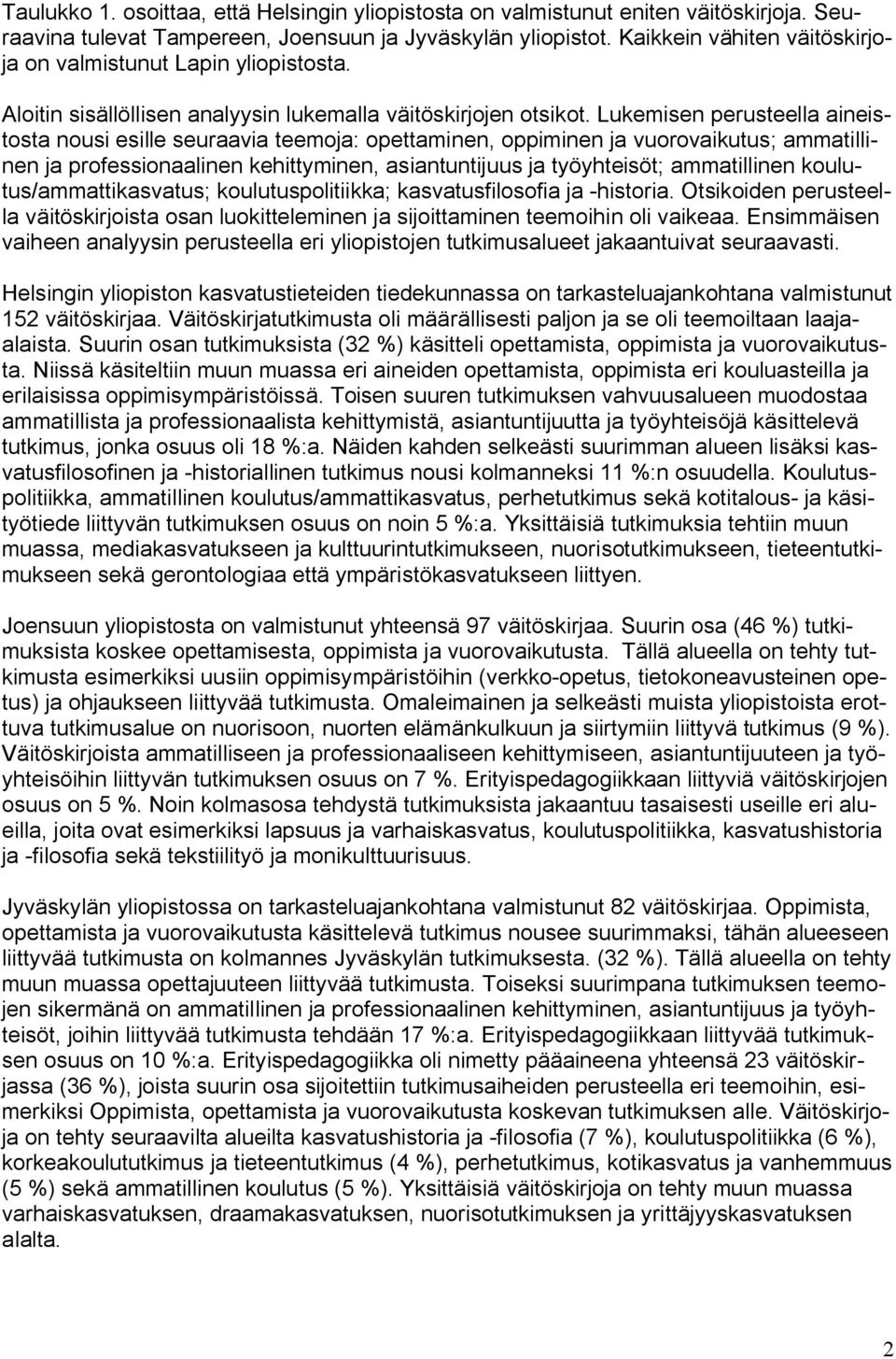 Lukemisen perusteella aineistosta nousi esille seuraavia teemoja: opettaminen, oppiminen ja vuorovaikutus; ammatillinen ja professionaalinen kehittyminen, asiantuntijuus ja työyhteisöt; ammatillinen