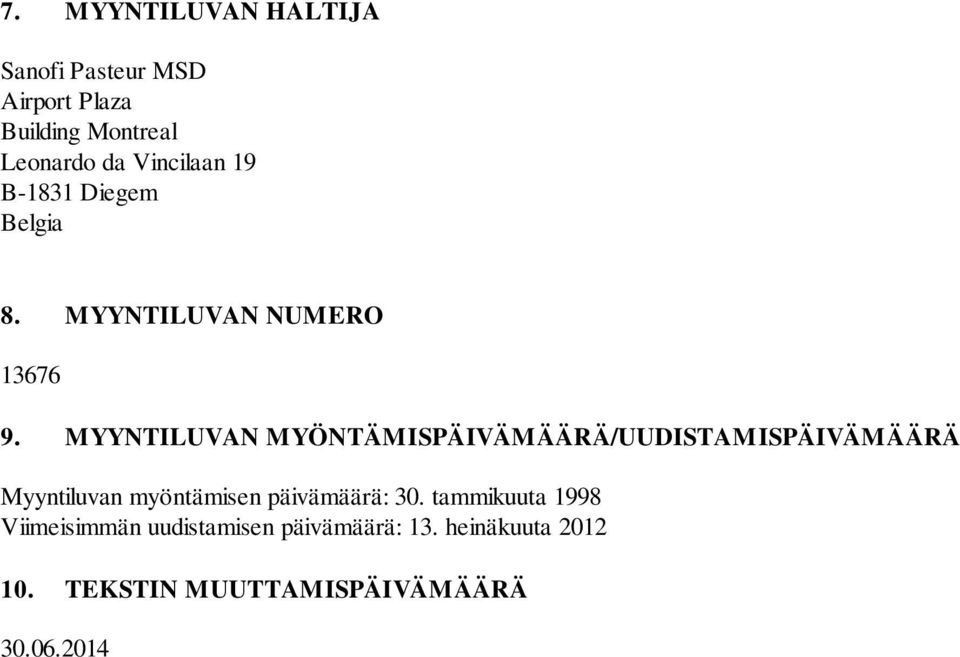 MYYNTILUVAN MYÖNTÄMISPÄIVÄMÄÄRÄ/UUDISTAMISPÄIVÄMÄÄRÄ Myyntiluvan myöntämisen päivämäärä: