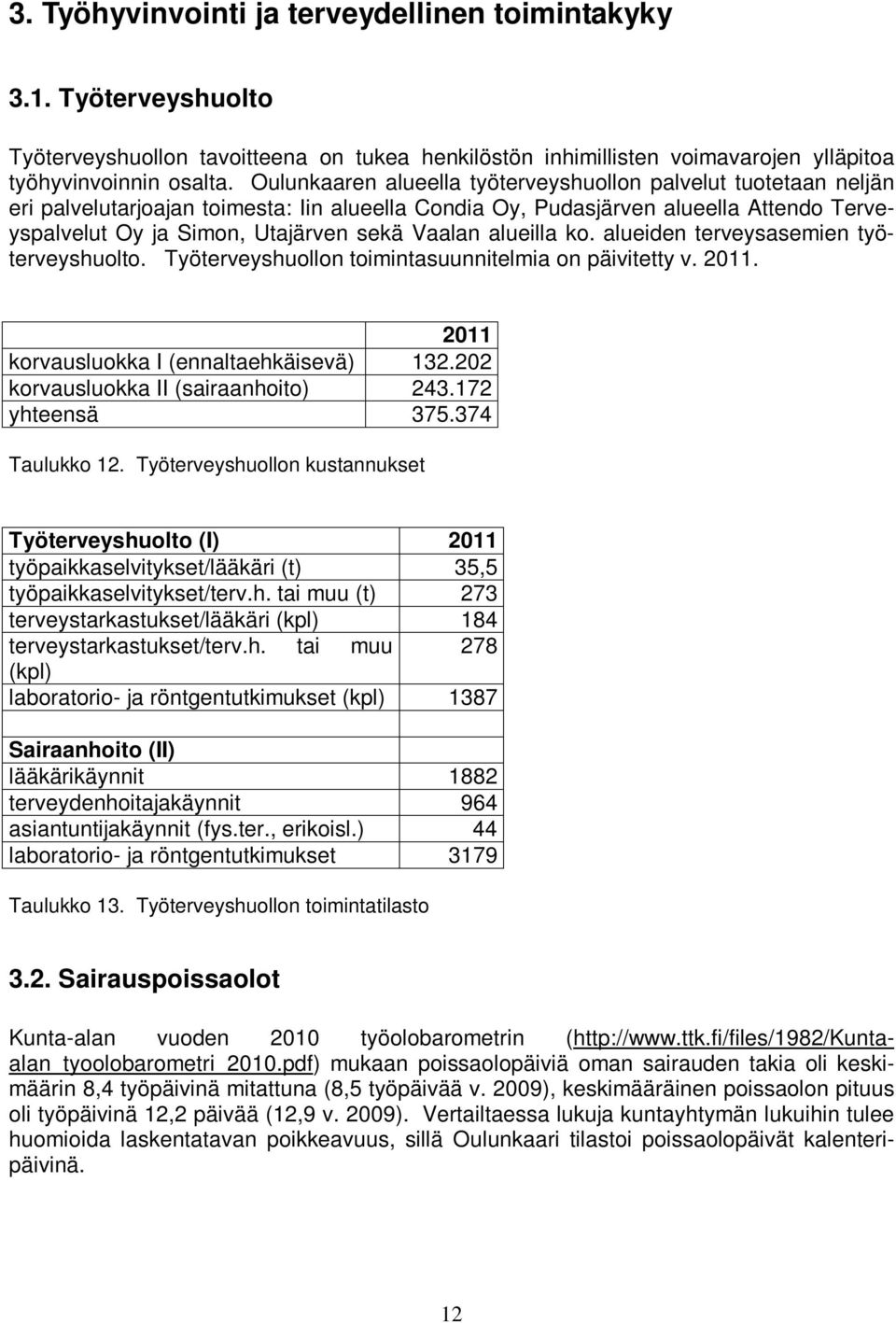 alueilla ko. alueiden terveysasemien työterveyshuolto. Työterveyshuollon toimintasuunnitelmia on päivitetty v. 2011. 2011 korvausluokka I (ennaltaehkäisevä) 132.