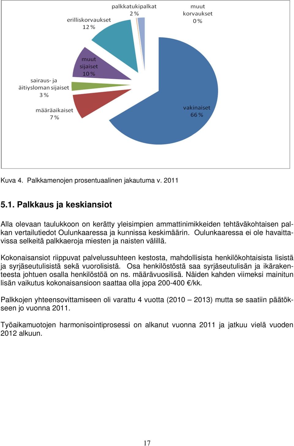 Oulunkaaressa ei ole havaittavissa selkeitä palkkaeroja miesten ja naisten välillä.