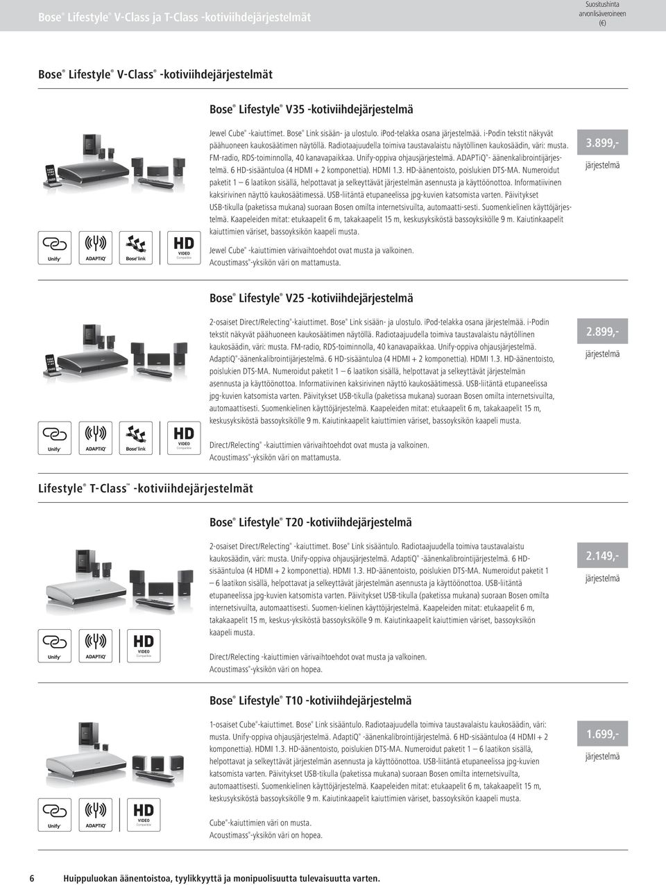 Unify-oppiva ohjaus. ADAPTiQ - äänenkalibrointĳ ärjestelmä. 6 HD-sisääntuloa (4 HDMI + 2 komponettia). HDMI 1.3. HD-äänentoisto, poislukien DTS-MA.