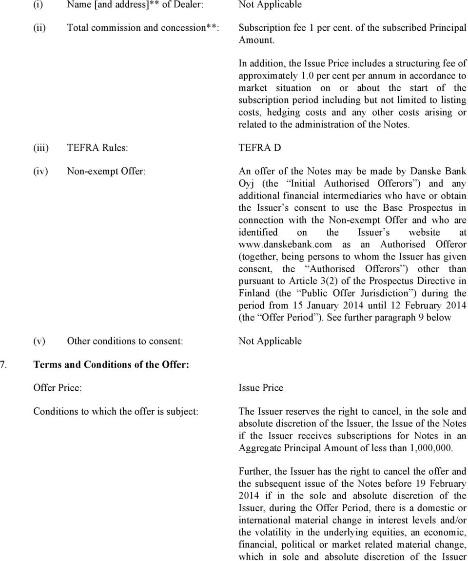 0 per cent per annum in accordance to market situation on or about the start of the subscription period including but not limited to listing costs, hedging costs and any other costs arising or