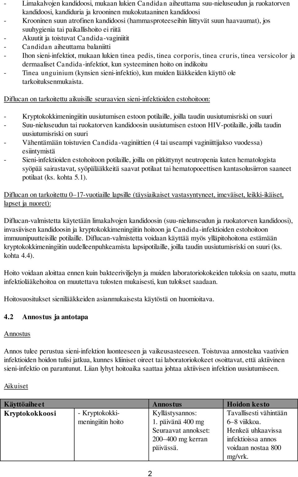 lukien tinea pedis, tinea corporis, tinea cruris, tinea versicolor ja dermaaliset Candida-infektiot, kun systeeminen hoito on indikoitu - Tinea unguinium (kynsien sieni-infektio), kun muiden
