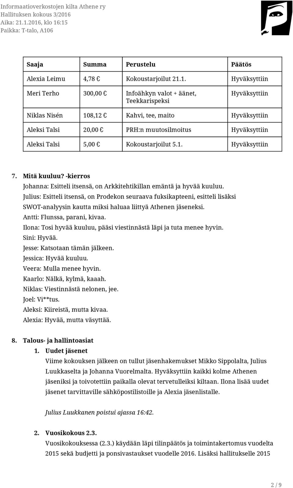 Talsi 5,00 Kokoustarjoilut 5.1. Hyväksyttiin 7. Mitä kuuluu? kierros Johanna: Esitteli itsensä, on Arkkitehtikillan emäntä ja hyvää kuuluu.