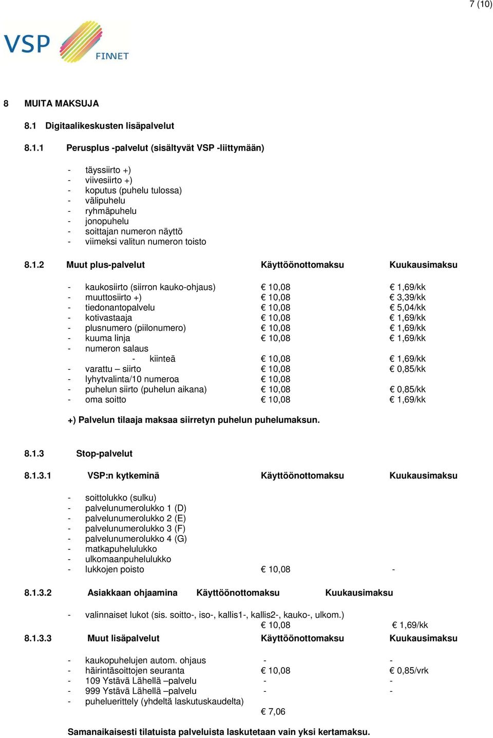 2 Muut plus-palvelut Käyttöönottomaksu Kuukausimaksu - kaukosiirto (siirron kauko-ohjaus) 10,08 1,69/kk - muuttosiirto +) 10,08 3,39/kk - tiedonantopalvelu 10,08 5,04/kk - kotivastaaja 10,08 1,69/kk