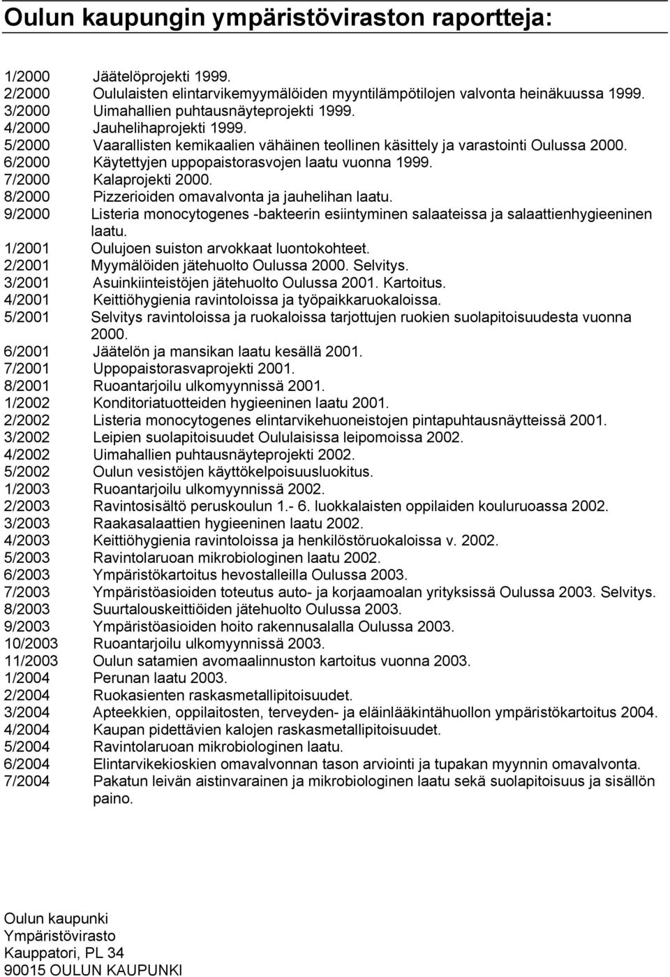 6/2000 Käytettyjen uppopaistorasvojen laatu vuonna 1999. 7/2000 Kalaprojekti 2000. 8/2000 Pizzerioiden omavalvonta ja jauhelihan laatu.