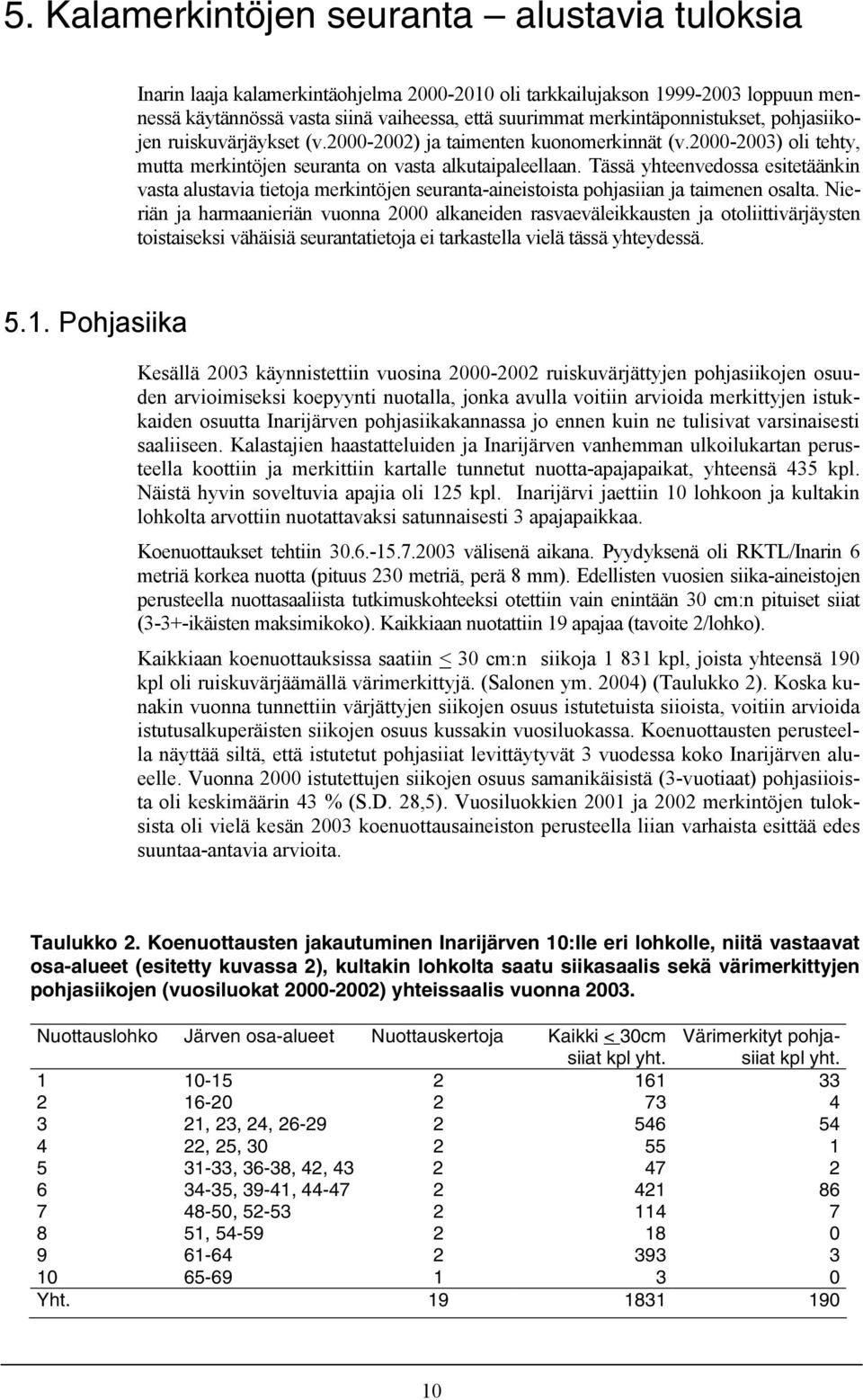 Tässä yhteenvedossa esitetäänkin vasta alustavia tietoja merkintöjen seuranta-aineistoista pohjasiian ja taimenen osalta.