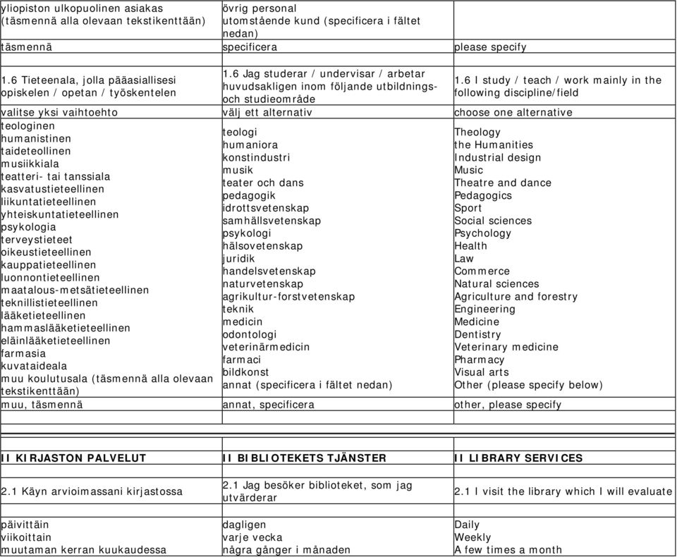 6 I study / teach / work mainly in the following discipline/field valitse yksi vaihtoehto välj ett alternativ choose one alternative teologinen teologi Theology humanistinen humaniora the Humanities