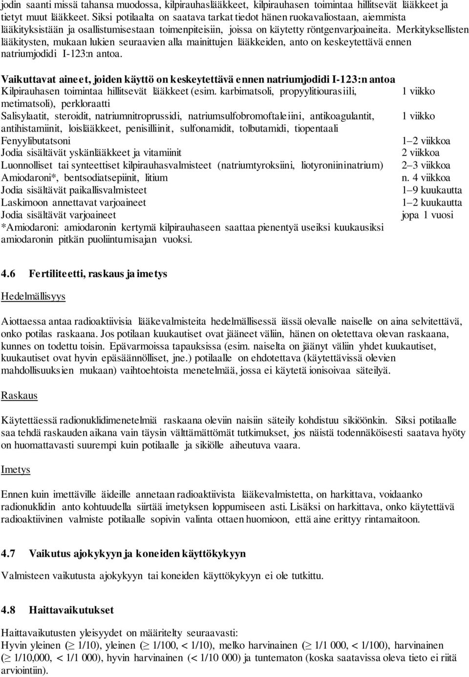 Merkityksellisten lääkitysten, mukaan lukien seuraavien alla mainittujen lääkkeiden, anto on keskeytettävä ennen natriumjodidi I-123:n antoa.