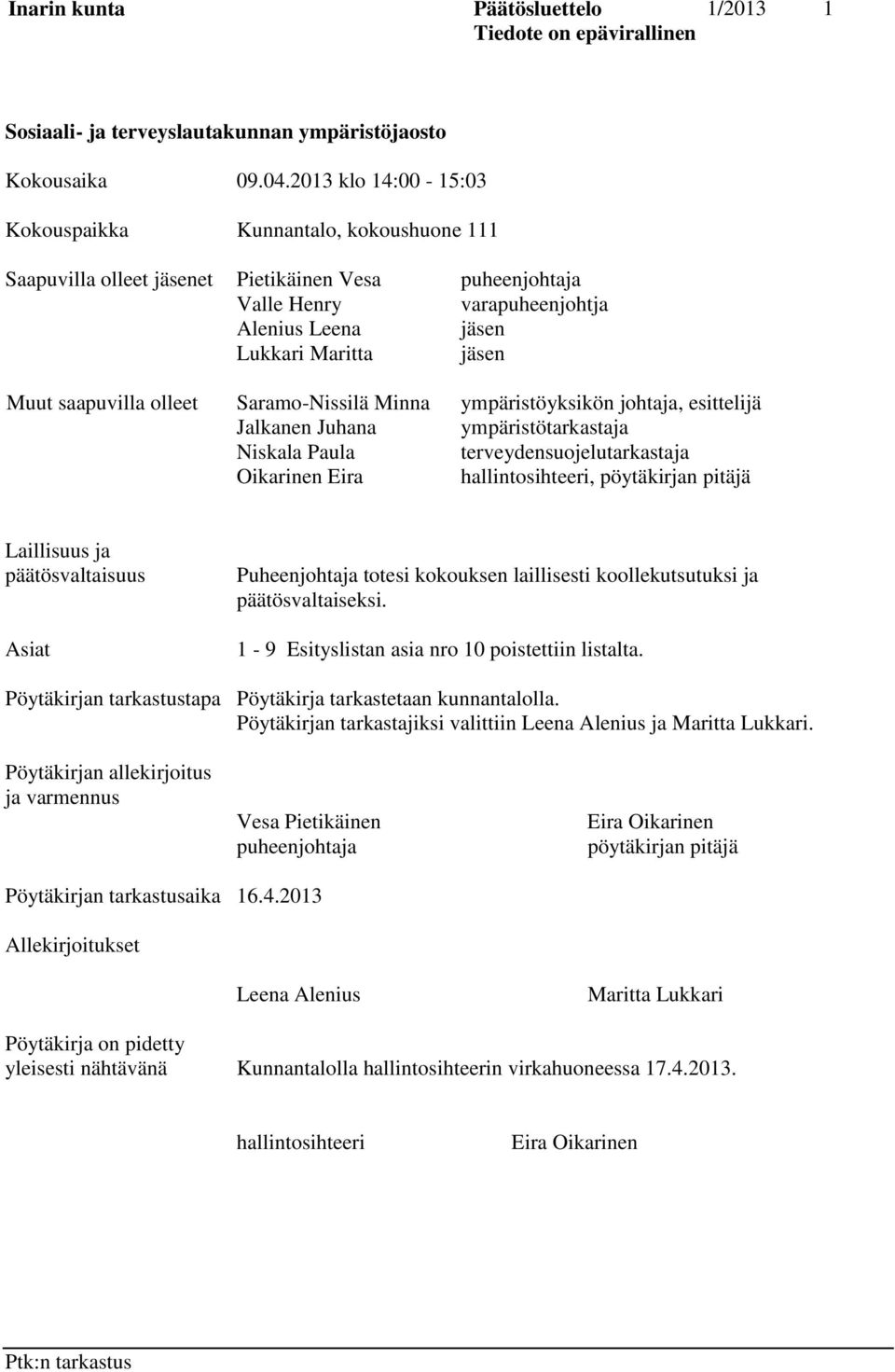 saapuvilla olleet Saramo-Nissilä Minna ympäristöyksikön johtaja, esittelijä Jalkanen Juhana ympäristötarkastaja Niskala Paula terveydensuojelutarkastaja Oikarinen Eira hallintosihteeri, pöytäkirjan