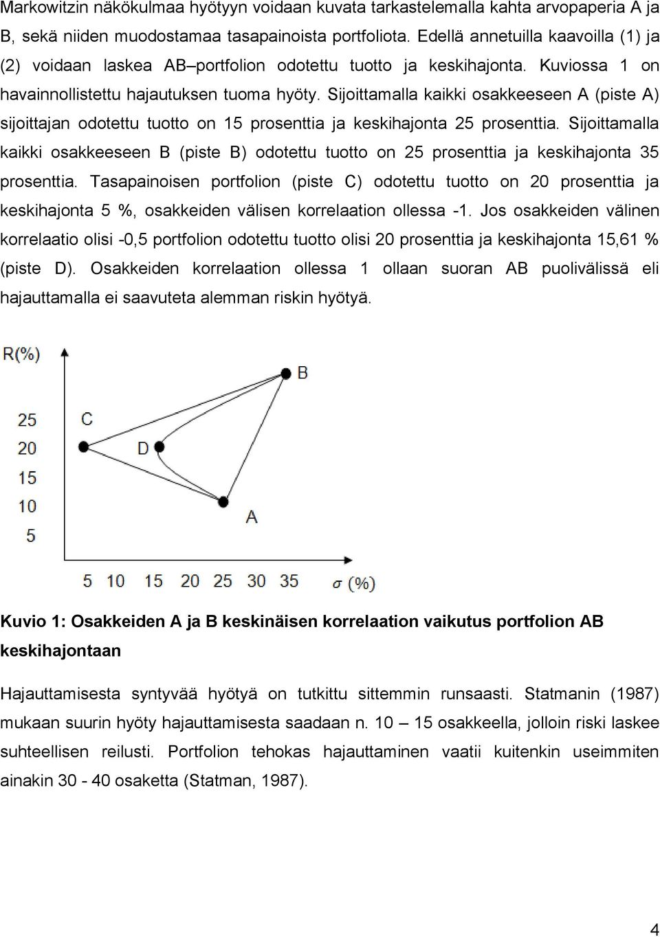 Sijoittamalla kaikki osakkeeseen A (piste A) sijoittajan odotettu tuotto on 15 prosenttia ja keskihajonta 25 prosenttia.