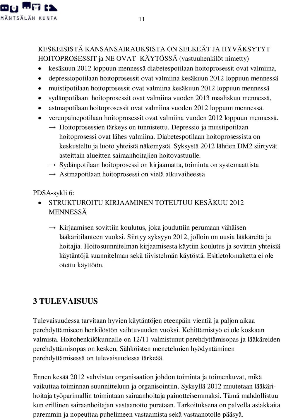 vuoden 2013 maaliskuu mennessä, astmapotilaan hoitoprosessit ovat valmiina vuoden 2012 loppuun mennessä. verenpainepotilaan hoitoprosessit ovat valmiina vuoden 2012 loppuun mennessä.