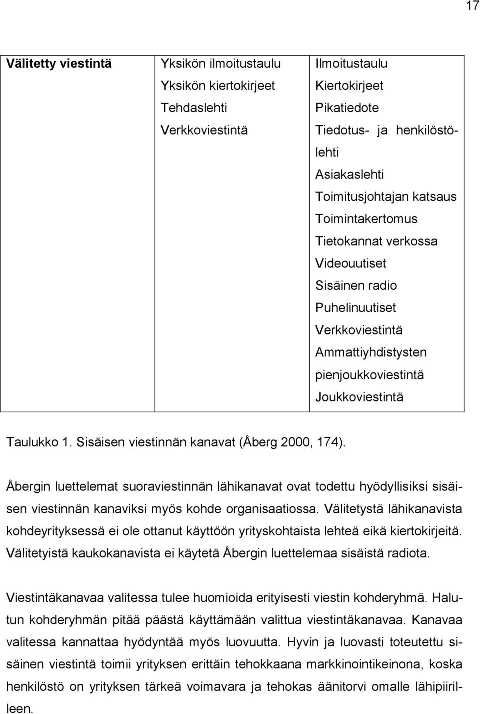 Sisäisen viestinnän kanavat (Åberg 2000, 174). Åbergin luettelemat suoraviestinnän lähikanavat ovat todettu hyödyllisiksi sisäisen viestinnän kanaviksi myös kohde organisaatiossa.