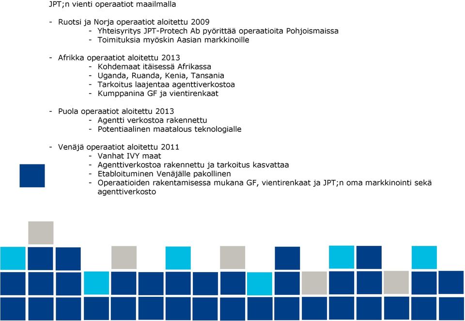 vientirenkaat - Puola operaatiot aloitettu 2013 - Agentti verkostoa rakennettu - Potentiaalinen maatalous teknologialle - Venäjä operaatiot aloitettu 2011 - Vanhat IVY maat -