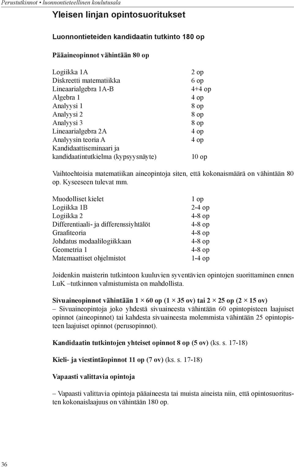 matematiikan aineopintoja siten, että kokonaismäärä on vähintään 80 op. Kyseeseen tulevat mm.