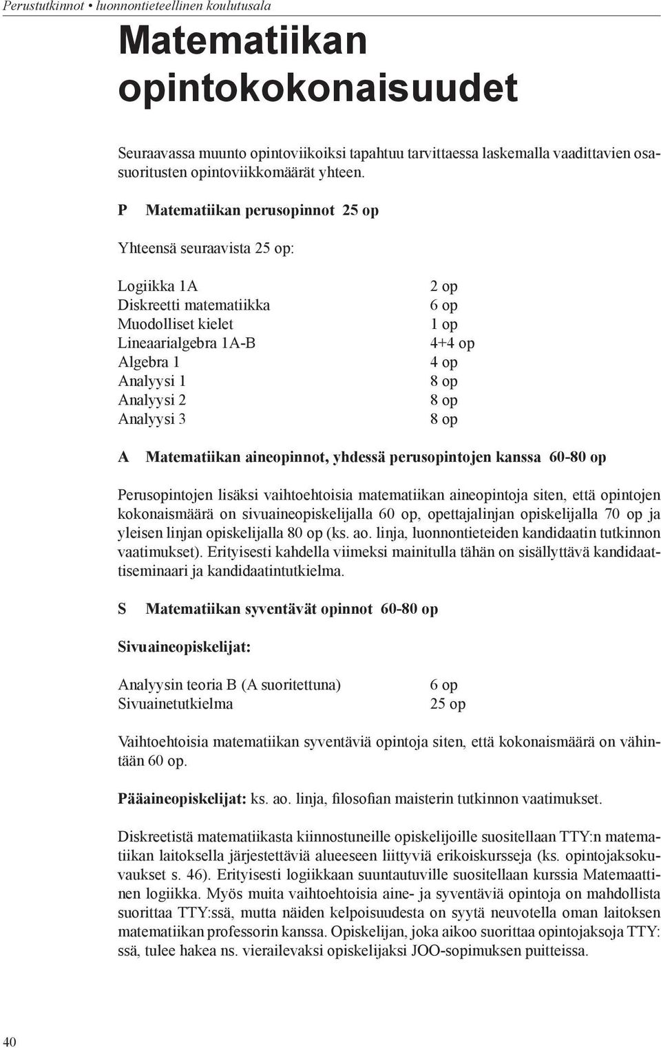 P Matematiikan perusopinnot 25 op Yhteensä seuraavista 25 op: Logiikka 1A Diskreetti matematiikka Muodolliset kielet Lineaarialgebra 1A-B Algebra 1 Analyysi 1 Analyysi 2 Analyysi 3 2 op 6 op 1 op 4+