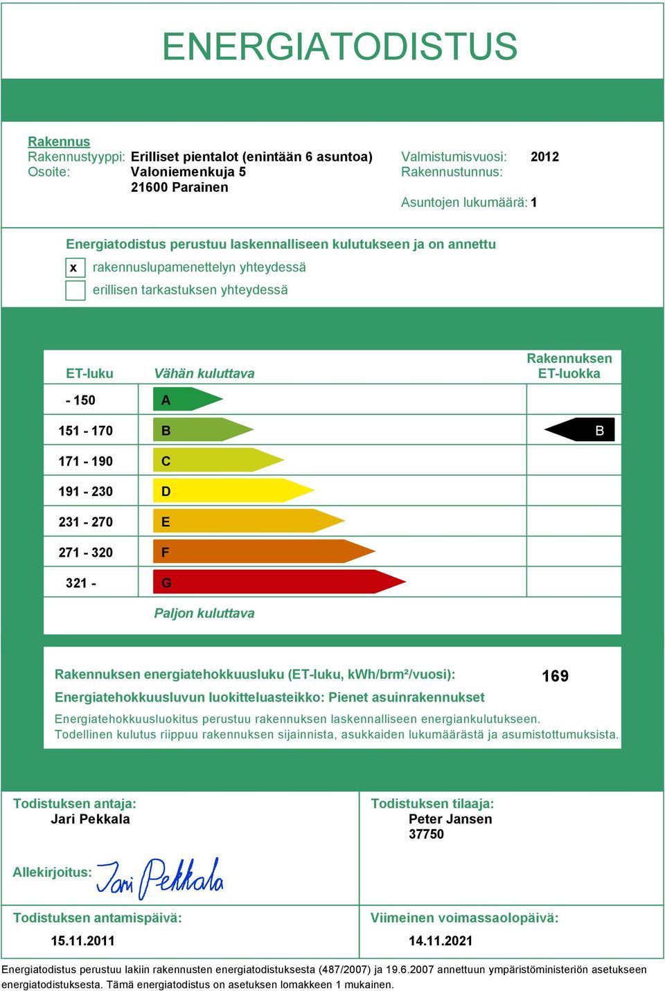 B C D E F G Paljon kuluttava Rakennuksen ET-luokka B Rakennuksen energiatehokkuusluku (ET-luku, kwh/brm²/vuosi): Energiatehokkuusluvun luokitteluasteikko: Pienet asuinrakennukset 169