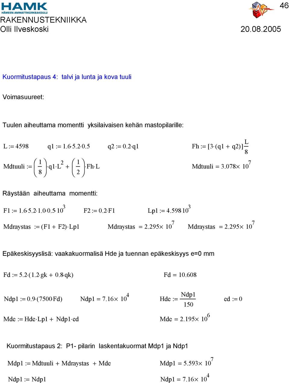 580 3 Mdraystas = 2.25 Mdraystas = 2.25 Epäkeskisyyslisä: vaakakuormalisä Hde ja tuennan epäkeskisyys e=0 mm Fd := 5.2 (.2 gk + 0.8 qk) Fd = 0.08 Ndp := Mde := 0.