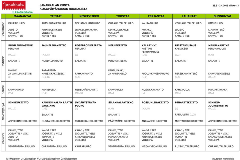 (M,L,G) (L) (M,L,G) (L,G) (L,G) (L,G) SALAATTI MONIVILJARUUTU SALAATTI PERUNARIESKA SALAATTI SALAATTI SALAATTI MÄMMI RAPARPERI- PANNUKAKKU JA VANILJAKASTIKE MANSIKKAKIISSELI RAHKAVAAHTO JA MARJAHILLO