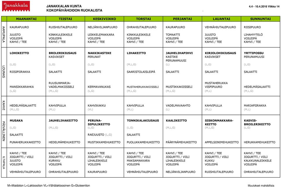 KIRJOLOHIKIUSAUS YRTTIPOSSU KASVIKSET PERUNAT KASTIKE KASVIKSET PERUNAMUUSI PERUNAMUUSI (L,G) (L,G) (L,G) (M,L,G) (L) (L,G) (L,G) RIISIPIIRAKKA SALAATTI SALAATTI SAARISTOLAISLEIPÄ SALAATTI SALAATTI