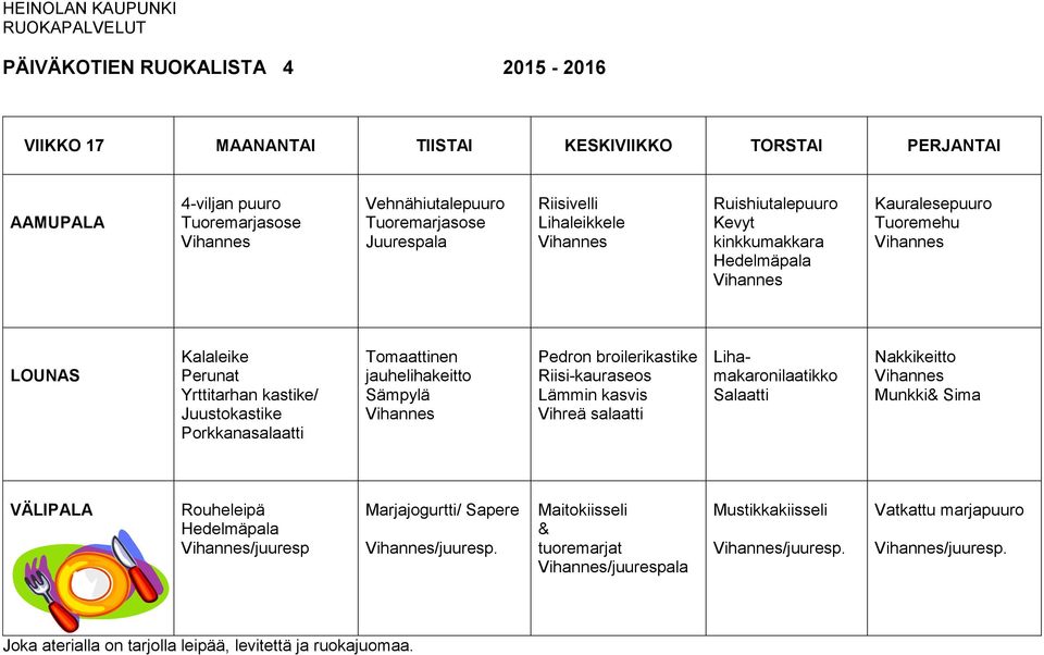 Pedron broilerikastike Riisi-kauraseos Vihreä salaatti Lihamakaronilaatikko Nakkikeitto Munkki& Sima Rouheleipä /juuresp