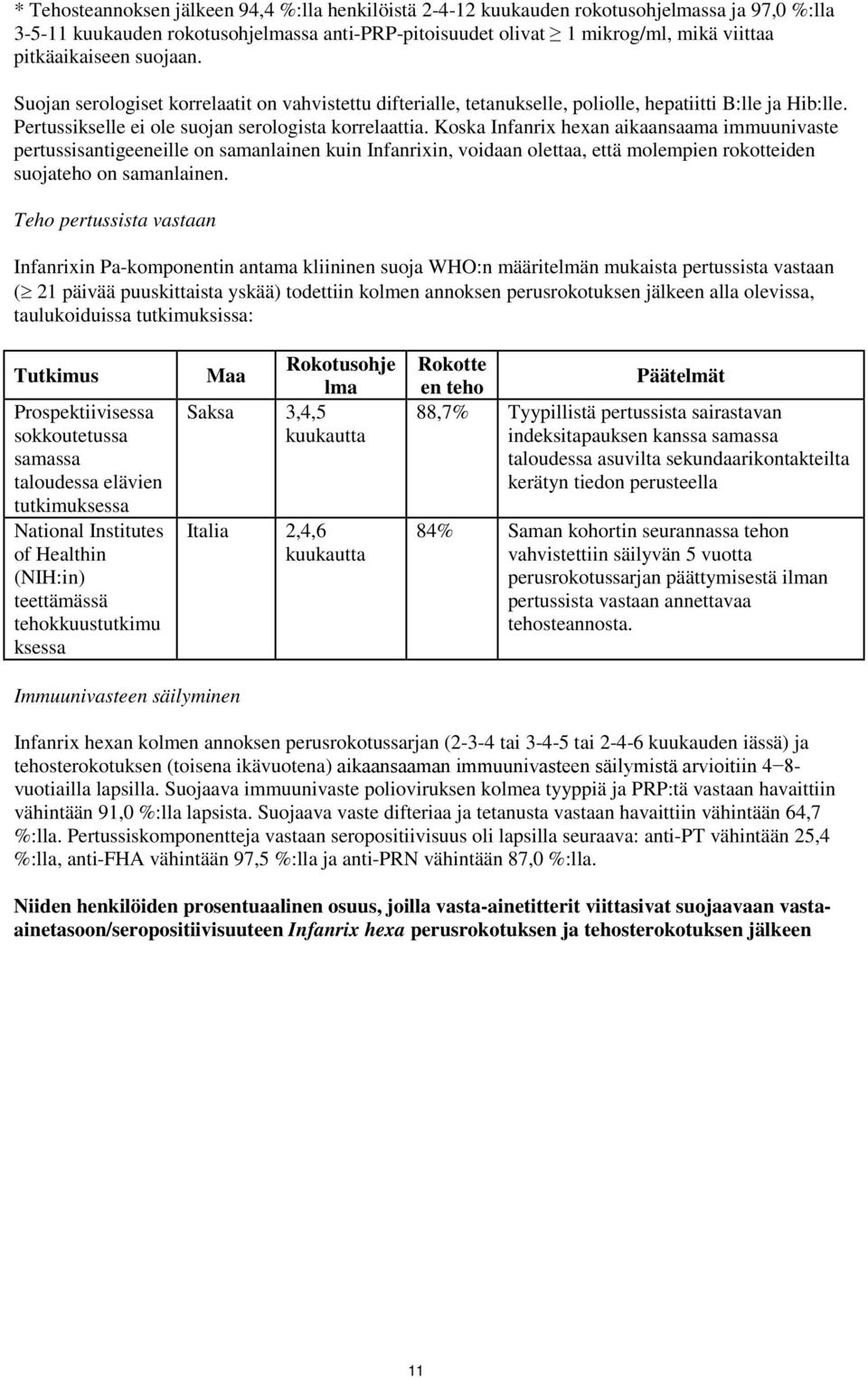 Koska Infanrix hexan aikaansaama immuunivaste pertussisantigeeneille on samanlainen kuin Infanrixin, voidaan olettaa, että molempien rokotteiden suojateho on samanlainen.