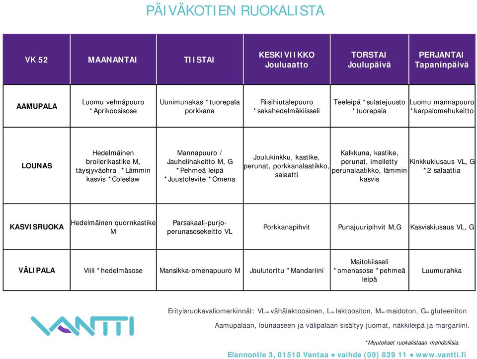 Kalkkuna, kastike, Joulukinkku, kastike, perunat, imelletty Kinkkukiusaus VL, G perunat, porkkanalaatikko, perunalaatikko, lämmin salaatti kasvis Hedelmäinen quornkastike M