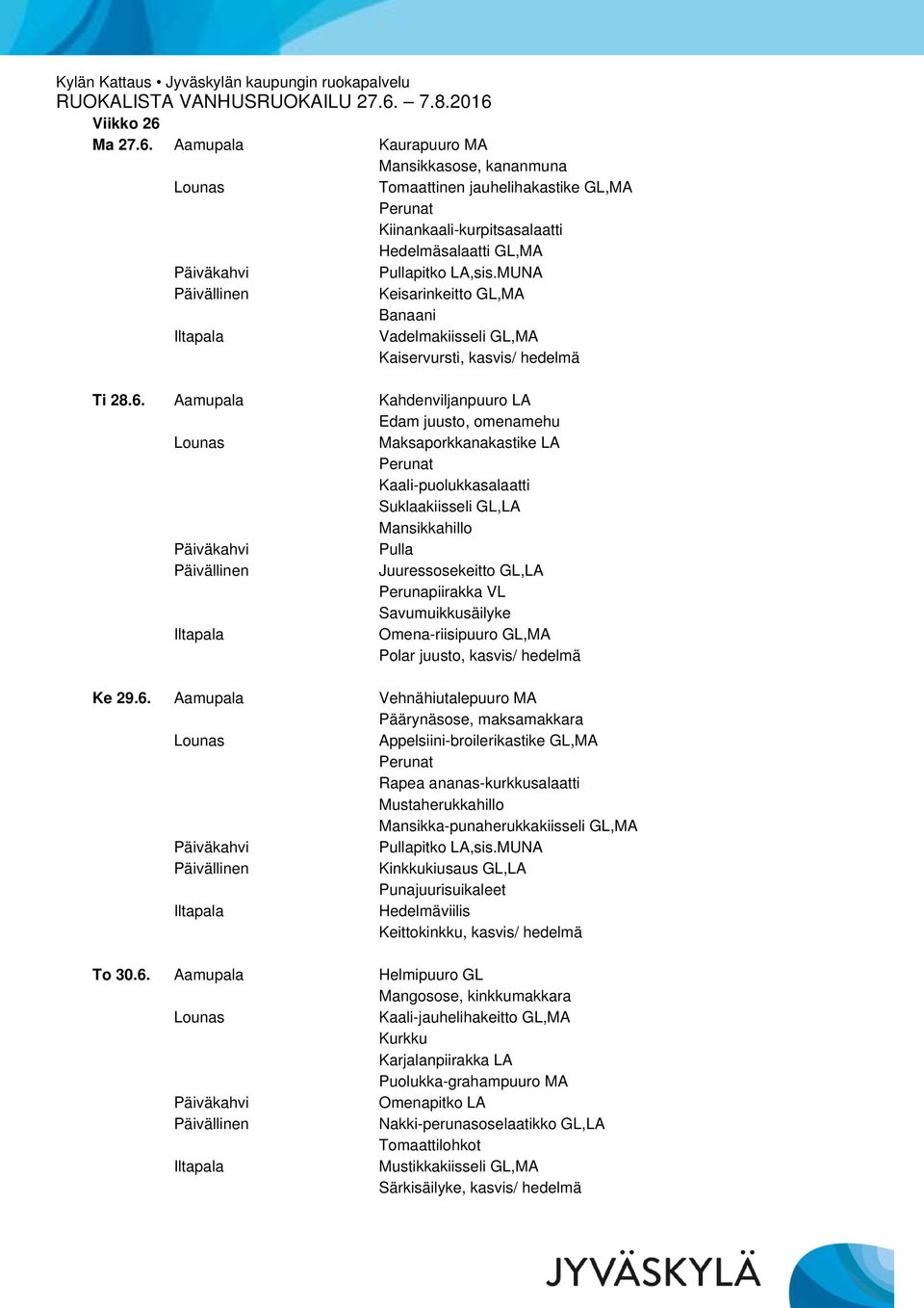 Aamupala Kaurapuuro MA Mansikkasose, kananmuna Tomaattinen jauhelihakastike GL,MA Kiinankaali-kurpitsasalaatti Hedelmäsalaatti GL,MA Keisarinkeitto GL,MA Banaani Vadelmakiisseli GL,MA Kaiservursti,