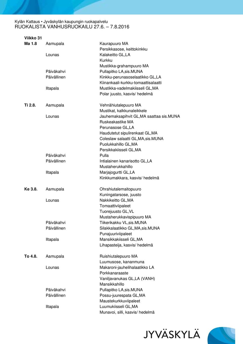 juusto, kasvis/ hedelmä Ti 2.8. Aamupala Vehnähiutalepuuro MA Mustikat, kalkkunaleikkele Jauhemaksapihvit GL,MA saattaa sis.