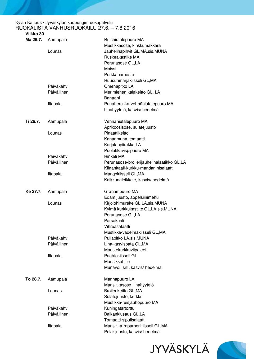 Aamupala Vehnähiutalepuuro MA Aprikoosisose, sulatejuusto Pinaattikeitto Kananmuna, tomaatti Karjalanpiirakka LA Puolukkavispipuuro MA Rinkeli MA Perunasose-broilerijauhelihalaatikko GL,LA