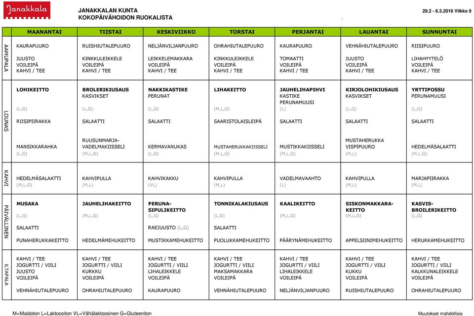 KIRJOLOHIKIUSAUS YRTTIPOSSU KASVIKSET PERUNAT KASTIKE KASVIKSET PERUNAMUUSI PERUNAMUUSI (L,G) (L,G) (L,G) (M,L,G) (L) (L,G) (L,G) RIISIPIIRAKKA SALAATTI SALAATTI SAARISTOLAISLEIPÄ SALAATTI SALAATTI