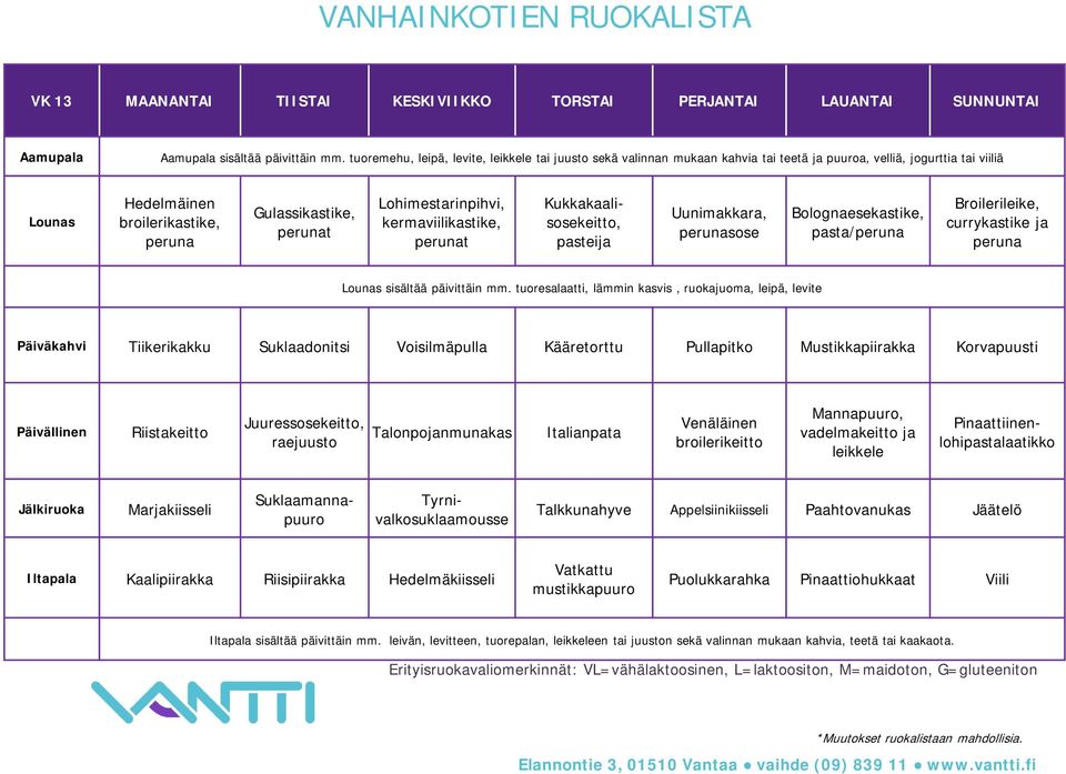 kermaviilikastike, Kukkakaalisosekeitto, pasteija Uunimakkara, Bolognaesekastike, pasta/peruna Broilerileike, currykastike ja peruna Päiväkahvi Tiikerikakku Suklaadonitsi Voisilmäpulla Kääretorttu