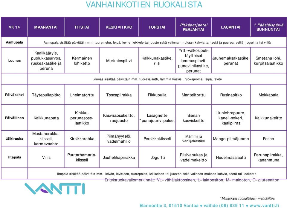 Merimiespihvi Kalkkunakastike, riisi Yrtti-valkosipulitäytteiset lammaspihvit, punaviinikastike, Jauhemaksakastike, Smetana lohi, kurpitsalaatikko Päiväkahvi Täytepullapitko Unelmatorttu