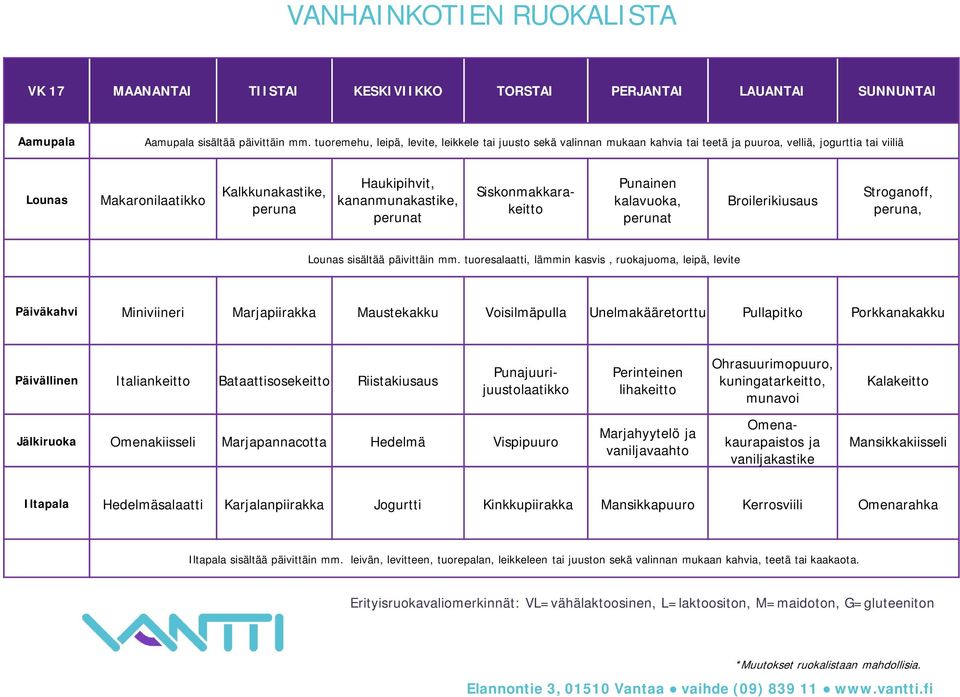 Siskonmakkarakeitto Punainen kalavuoka, Broilerikiusaus Stroganoff, peruna, Päiväkahvi Miniviineri Marjapiirakka Maustekakku Voisilmäpulla Unelmakääretorttu Pullapitko Porkkanakakku Italiankeitto