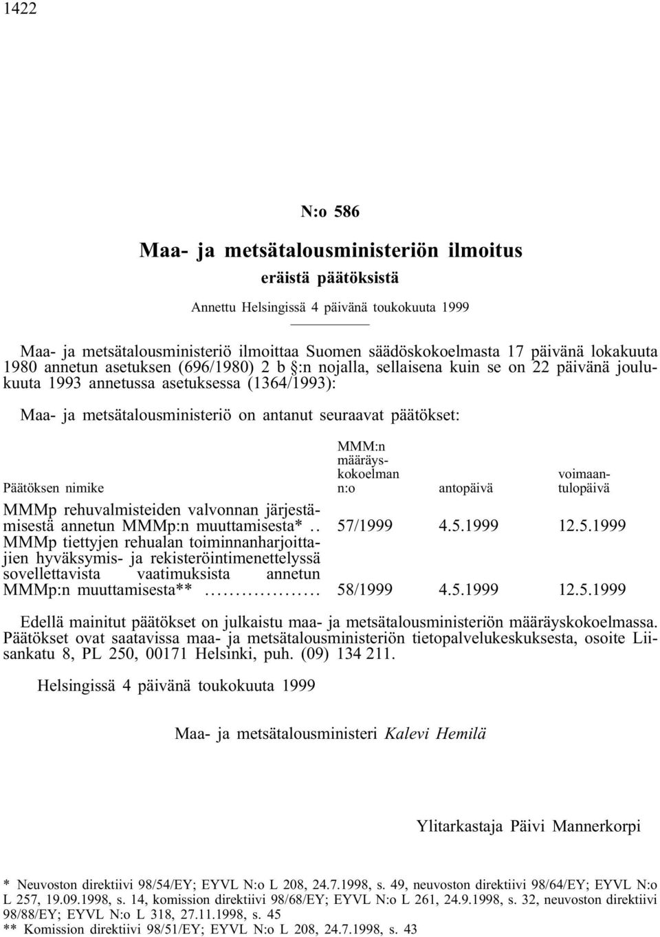 päätökset: MMM:n määräyskokoelman n:o voimaantulopäivä Päätöksen nimike antopäivä MMMp rehuvalmisteiden valvonnan järjestämisestä annetun MMMp:n muuttamisesta*.. 57