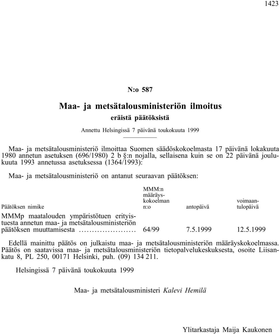 päätöksen: MMM:n määräyskokoelman n:o voimaantulopäivä Päätöksen nimike antopäivä MMMp maatalouden ympäristötuen erityistuesta annetun maa- ja metsätalousministeriön päätöksen muuttamisesta... 64/99 7.