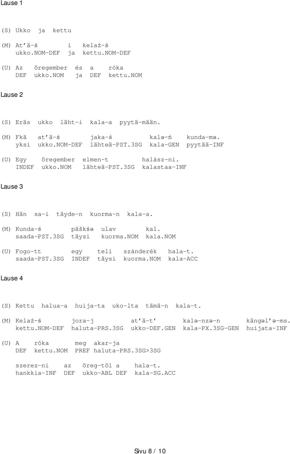 3sg kalastaa-inf Lause 3 (S) Hän sa-i täyde-n kuorma-n kala-a. (M) Kunda-ś päškśə ulav kal. saada-pst.3sg täysi kuorma.nom kala.nom (U) Fogo-tt egy teli szánderék hala-t. saada-pst.3sg INDEF täysi kuorma.