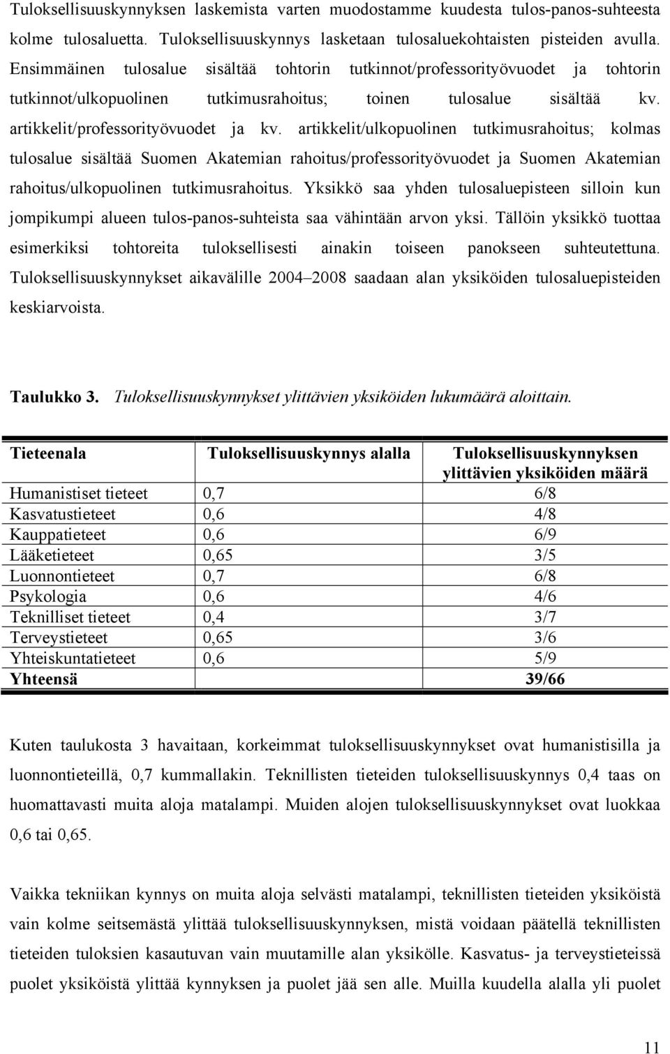 tutkimusrahoitus; kolmas tulosalue sisältää Suomen Akatemian rahoitus/professorityövuodet ja Suomen Akatemian rahoitus/ulkopuolinen tutkimusrahoitus Yksikkö saa yhden tulosaluepisteen silloin kun