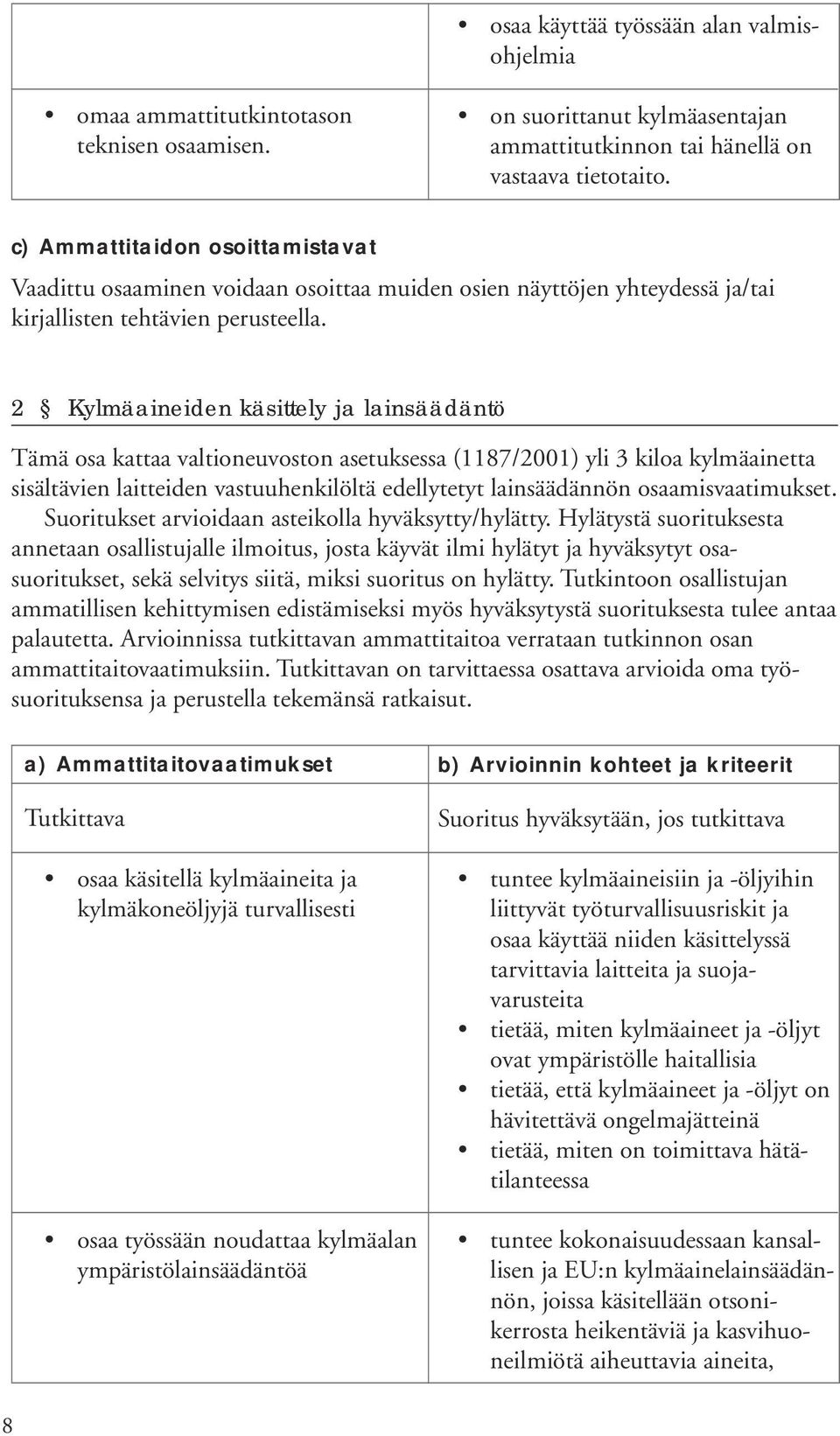 2 Kylmäaineiden käsittely ja lainsäädäntö Tämä osa kattaa valtioneuvoston asetuksessa (1187/2001) yli 3 kiloa kylmäainetta sisältävien laitteiden vastuuhenkilöltä edellytetyt lainsäädännön