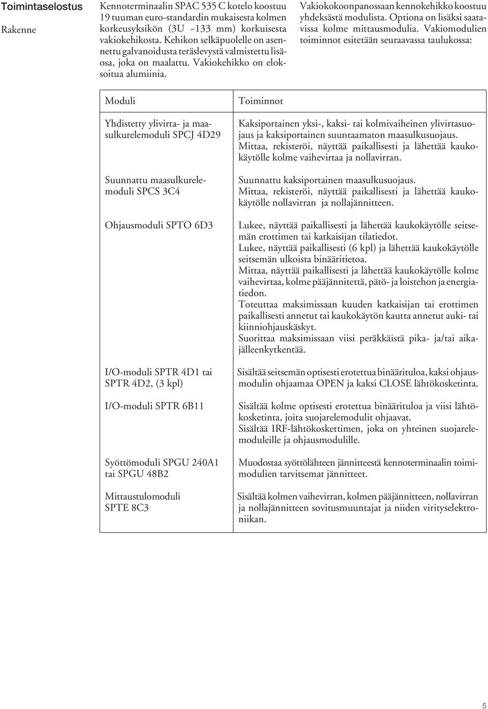 Vakiokokoonpanossaan kennokehikko koostuu yhdeksästä modulista. Optiona on lisäksi saatavissa kolme mittausmodulia.