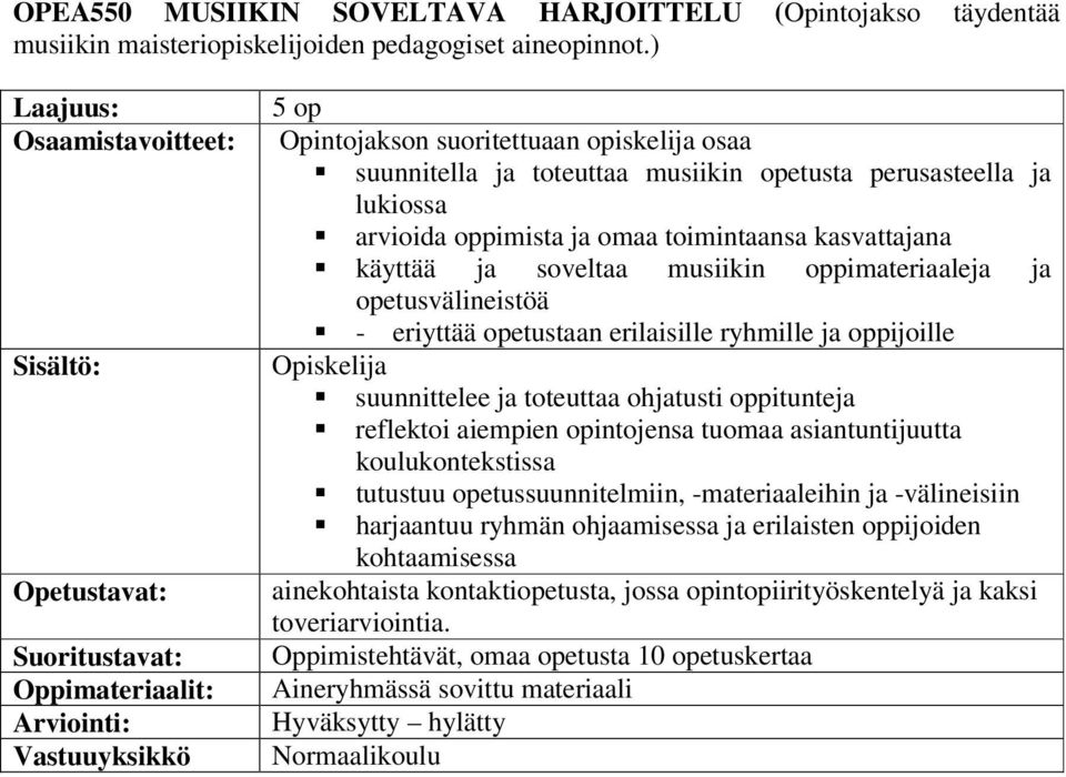 ja soveltaa musiikin oppimateriaaleja ja opetusvälineistöä - eriyttää opetustaan erilaisille ryhmille ja oppijoille Opiskelija suunnittelee ja toteuttaa ohjatusti oppitunteja reflektoi aiempien