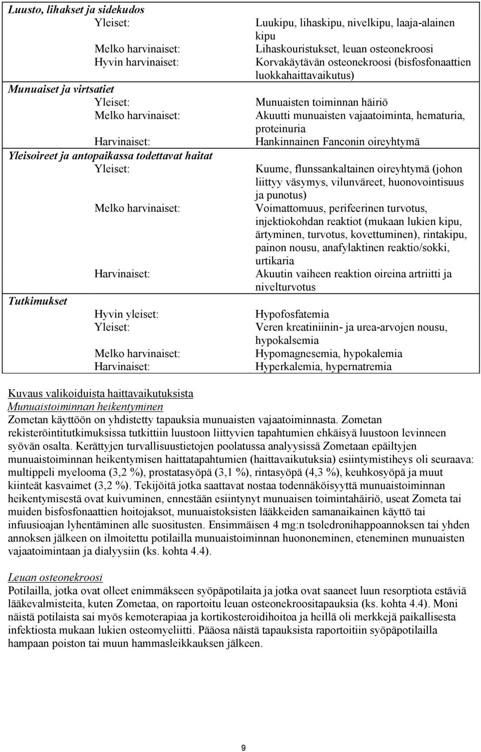 Korvakäytävän osteonekroosi (bisfosfonaattien luokkahaittavaikutus) Munuaisten toiminnan häiriö Akuutti munuaisten vajaatoiminta, hematuria, proteinuria Hankinnainen Fanconin oireyhtymä Kuume,